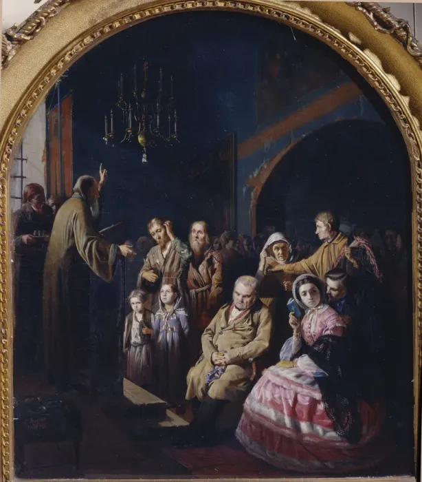 Framed Print : Sermon in a Village, 1861. Artist: Perov, Vasili Grigoryevich (1834-1882) Framed Print : Sermon in a Village, 1861. Artist: Perov, Vasili Grigoryevich (1834-1882)
