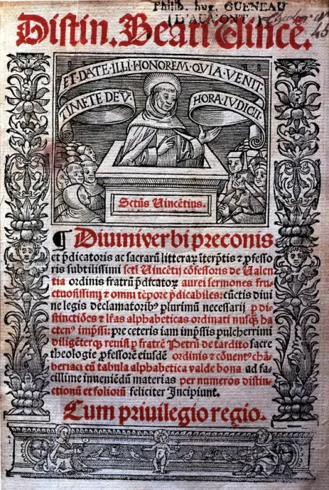 Framed Print : Sermons of St. Vincent Ferrer, cover of the Latin edition printed in Lugduni (Leyden) in 1523 Framed Print : Sermons of St. Vincent Ferrer, cover of the Latin edition printed in Lugduni (Leyden) in 1523