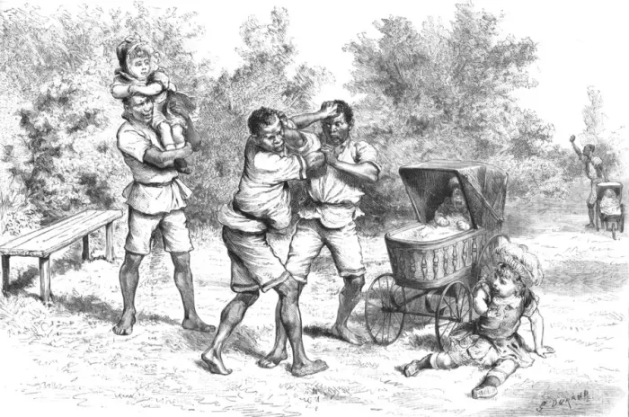 Framed Print : The Servant Difficulty'in South Africa;Nurseboys quarrelling at Durban, Natal, 1888. Creator: Unknown Framed Print : The Servant Difficulty'in South Africa;Nurseboys quarrelling at Durban, Natal, 1888. Creator: Unknown