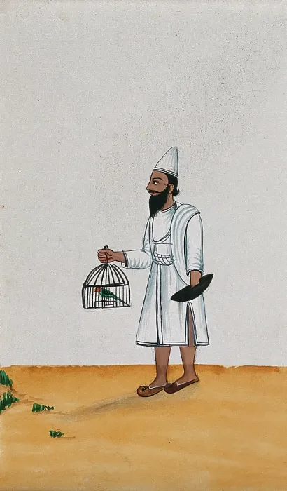 Framed Print : A servant holds a parrot in a cage with one hand while the other is... (between 1800 and 1899?). Creator: Unknown Framed Print : A servant holds a parrot in a cage with one hand while the other is... (between 1800 and 1899?). Creator: Unknown
