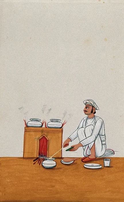 Framed Print : A servant serves food from a degchi (pot), while two other dishes are... (between 1800 and 1899?). Creator: Unknown Framed Print : A servant serves food from a degchi (pot), while two other dishes are... (between 1800 and 1899?). Creator: Unknown