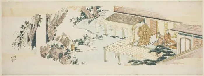 Framed Print : Servant throwing bundles of branches into waterfall, Japan, c. 1810. Creator: Hokusai Framed Print : Servant throwing bundles of branches into waterfall, Japan, c. 1810. Creator: Hokusai