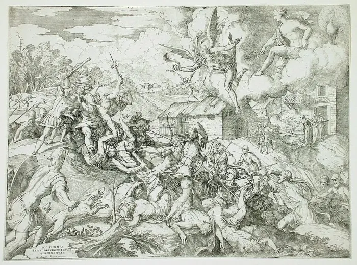 Framed Print : The Servants of Aeneas Battling the Servants of the Latin King, between 1560 and 1579. Creator: Giovanni Battista Fontana Framed Print : The Servants of Aeneas Battling the Servants of the Latin King, between 1560 and 1579. Creator: Giovanni Battista Fontana