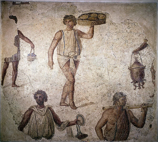 Servants or slaves making preparations for a feast, mosaic, Carthage, 2nd century