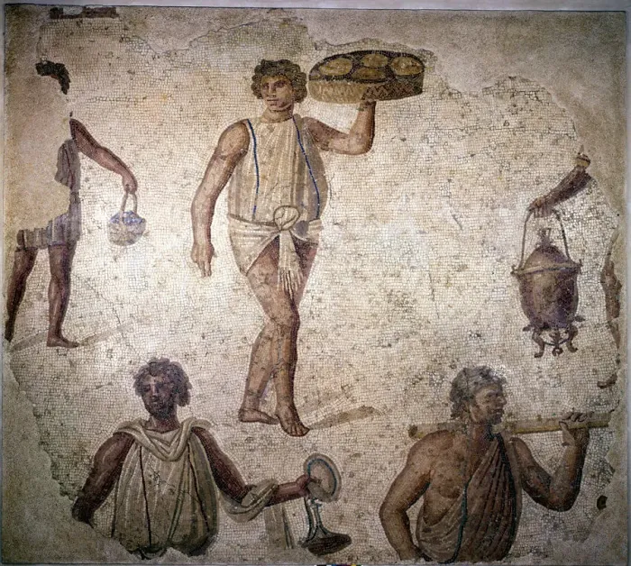 Framed Print : Servants or slaves making preparations for a feast, mosaic, Carthage, 2nd century Framed Print : Servants or slaves making preparations for a feast, mosaic, Carthage, 2nd century