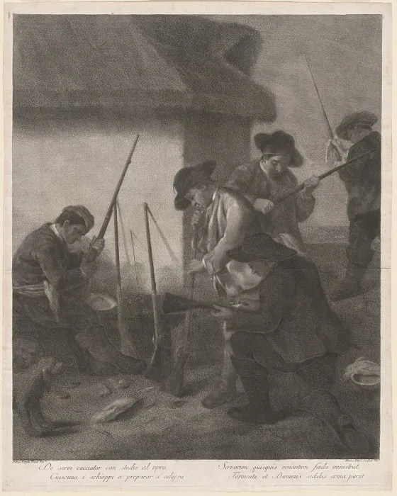 Framed Print : De Servi Cacciator... (Servants Preparing the Guns for the Hunt), 1763. Creator: Marco Alvise Pitteri