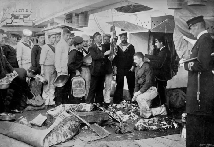 Framed Print : Serving out a days fresh meat ration on board HMS Talbot, 1896. Artist: WM Crockett Framed Print : Serving out a days fresh meat ration on board HMS Talbot, 1896. Artist: WM Crockett