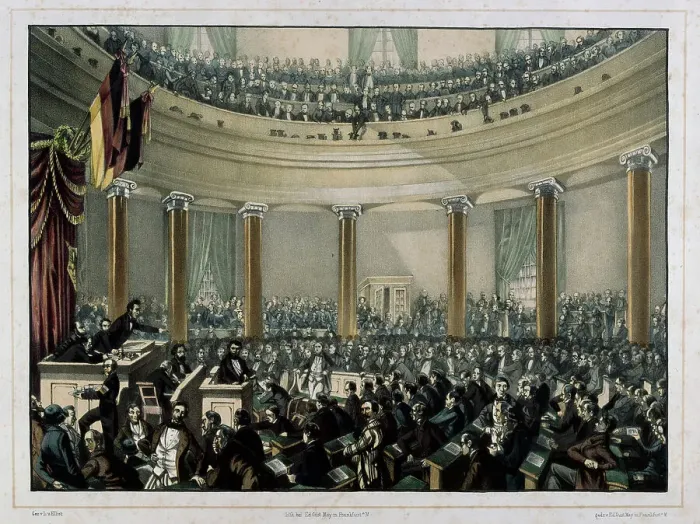 Framed Print : Session of the Frankfurt National Assembly in the Paulskirche at Frankfurt am Main, 1848-1849. Creator: Elliot, Leo von (1816-1890) Framed Print : Session of the Frankfurt National Assembly in the Paulskirche at Frankfurt am Main, 1848-1849. Creator: Elliot, Leo von (1816-1890)