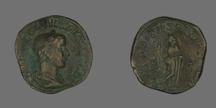 Framed Print : Sestertius (Coin) Portraying Emperor Gordianus, 238-244. Creator: Unknown Framed Print : Sestertius (Coin) Portraying Emperor Gordianus, 238-244. Creator: Unknown