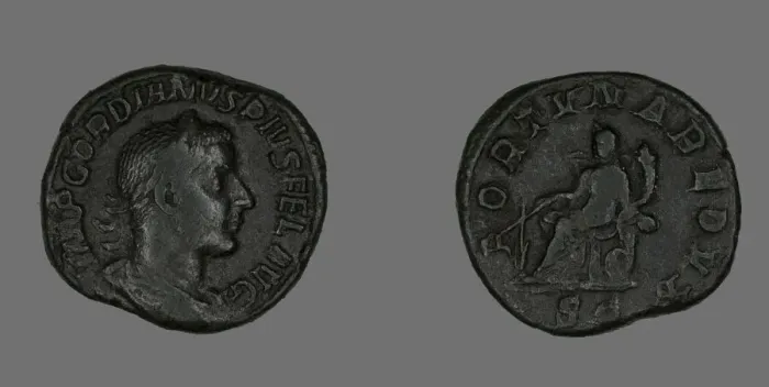 Framed Print : Sestertius (Coin) Portraying Emperor Gordianus, 238-244. Creator: Unknown Framed Print : Sestertius (Coin) Portraying Emperor Gordianus, 238-244. Creator: Unknown