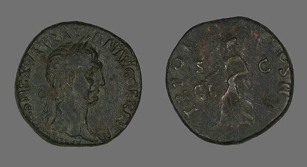 Sestertius (Coin) Portraying Emperor Trajan, Roman Period, 98-117. Creator: Unknown