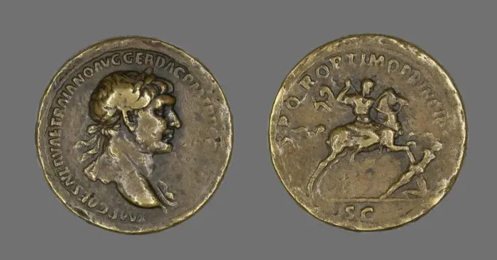 Framed Print : Sestertius (Coin) Portraying Emperor Trajan Conquering Dacia, 104-107. Creator: Unknown