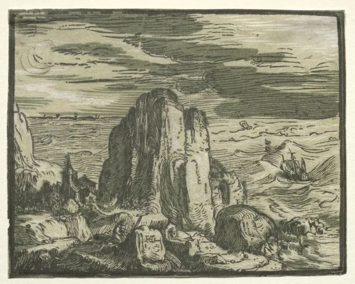 Framed Print : From a set of 4 Landscapes: Cliffon the seashore. Creator: Hendrick Goltzius (Dutch, 1558-1617) Framed Print : From a set of 4 Landscapes: Cliffon the seashore. Creator: Hendrick Goltzius (Dutch, 1558-1617)