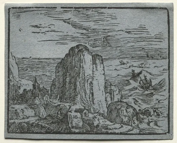 Framed Print : From a set of 4 Landscapes: No. 4- Cliff on the Seashore. Creator: Hendrick Goltzius (Dutch Framed Print : From a set of 4 Landscapes: No. 4- Cliff on the Seashore. Creator: Hendrick Goltzius (Dutch