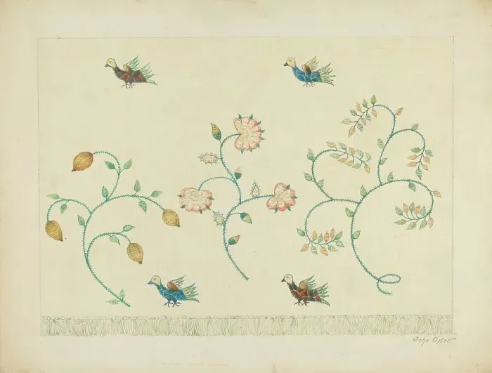 Framed Print : Set of Crewel Embroidered Bed Curtains, c. 1939. Creator: John Oster Framed Print : Set of Crewel Embroidered Bed Curtains, c. 1939. Creator: John Oster