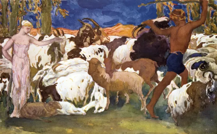 Framed Print : Set design for a Ballets Russes production of Ravels Daphnis et Chloe, 1912. Artist: Leon Bakst Framed Print : Set design for a Ballets Russes production of Ravels Daphnis et Chloe, 1912. Artist: Leon Bakst