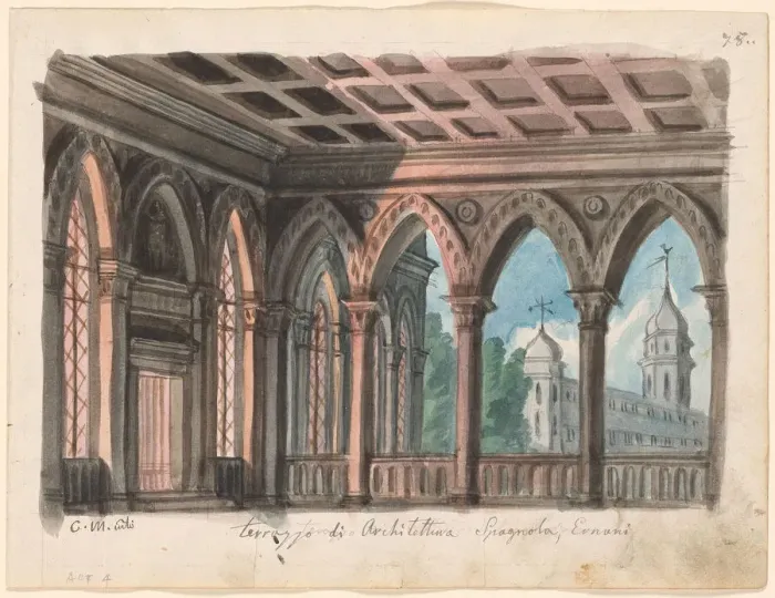 Framed Print : Set design for the Opera Ernani by Giuseppe Verdi Framed Print : Set design for the Opera Ernani by Giuseppe Verdi