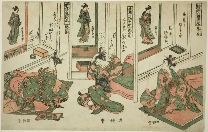 Framed Print : Set of Three Hanging Scrolls, Day Dream Plays (Kakemono sampukutsui utsusu no asobi), c Framed Print : Set of Three Hanging Scrolls, Day Dream Plays (Kakemono sampukutsui utsusu no asobi), c