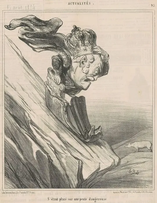 Framed Print : S'étant placé sur une pente dangereuse, 19th century. Creator: Honore Daumier Framed Print : S'étant placé sur une pente dangereuse, 19th century. Creator: Honore Daumier