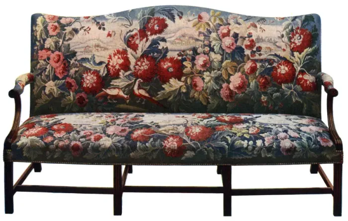 Framed Print : Settee, belonging to a suite of Chippendale furniture covered in an 18th-century tapestry, (c1920) Framed Print : Settee, belonging to a suite of Chippendale furniture covered in an 18th-century tapestry, (c1920)