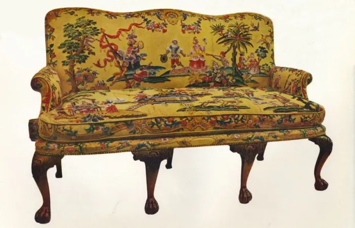 Framed Print : Settee covered with period Chinoiserie embroidery, c1710 Framed Print : Settee covered with period Chinoiserie embroidery, c1710