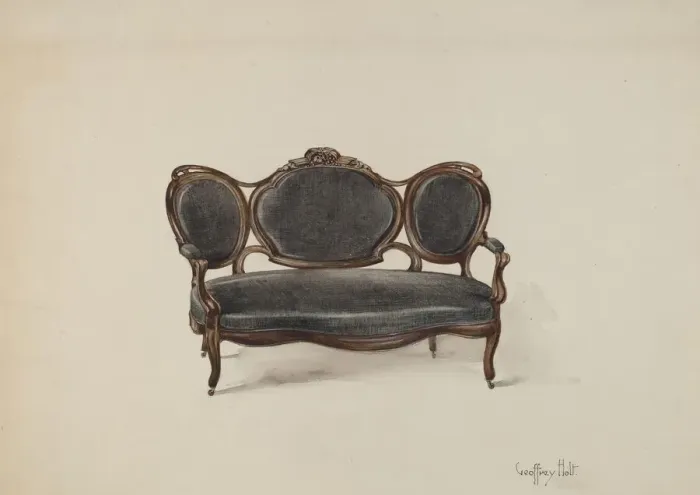 Framed Print : Settee, Walnut, c. 1937. Creator: Geoffrey Holt Framed Print : Settee, Walnut, c. 1937. Creator: Geoffrey Holt