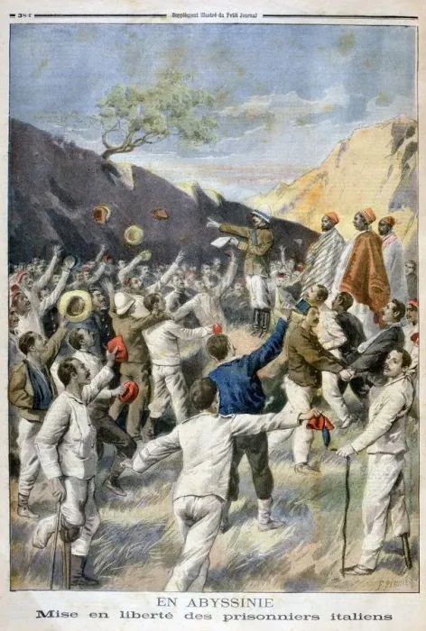 Framed Print : Setting free of the Italian prisoners, Abyssinia, 1896. Artist: F Meaulle Framed Print : Setting free of the Italian prisoners, Abyssinia, 1896. Artist: F Meaulle