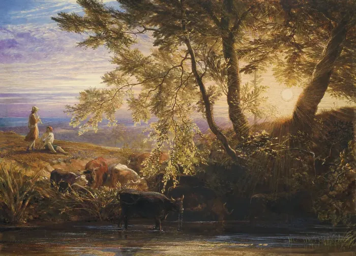 Framed Print : The Setting Sun, c1862. Creator: Samuel Palmer Framed Print : The Setting Sun, c1862. Creator: Samuel Palmer