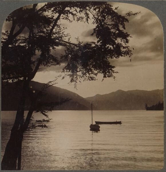 Setting sun, over Lake Chuzenj, lying within its mountain walls, Japan, 1904