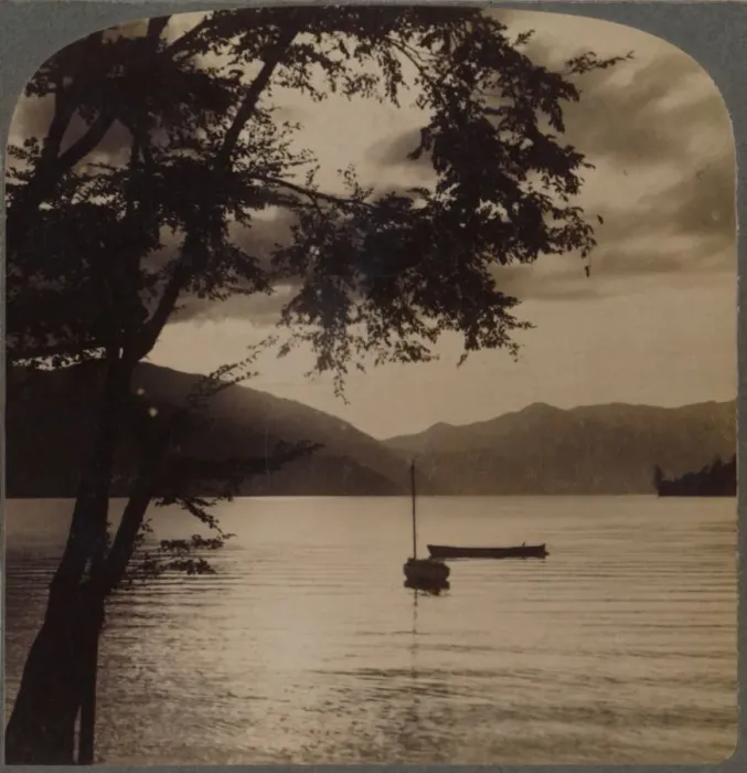 Framed Print : Setting sun, over Lake Chuzenj, lying within its mountain walls, Japan, 1904 Framed Print : Setting sun, over Lake Chuzenj, lying within its mountain walls, Japan, 1904