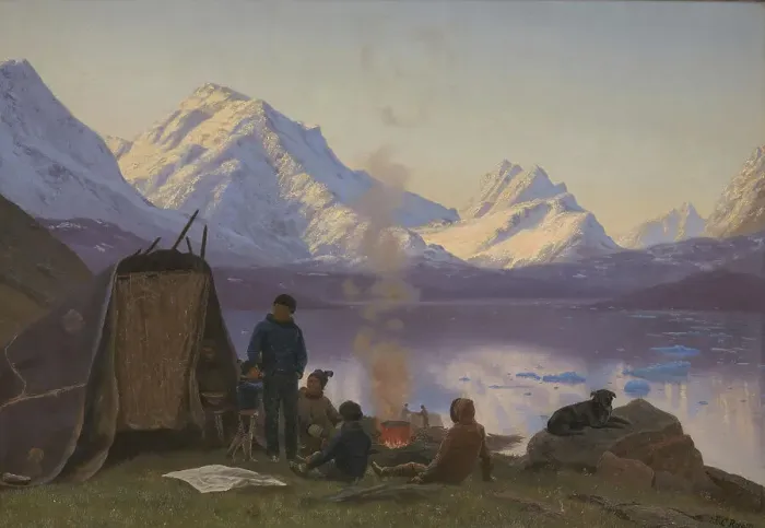 Framed Print : Settlement by a fjord, Greenland, summer, 1883. Creator: Carl Rasmussen Framed Print : Settlement by a fjord, Greenland, summer, 1883. Creator: Carl Rasmussen