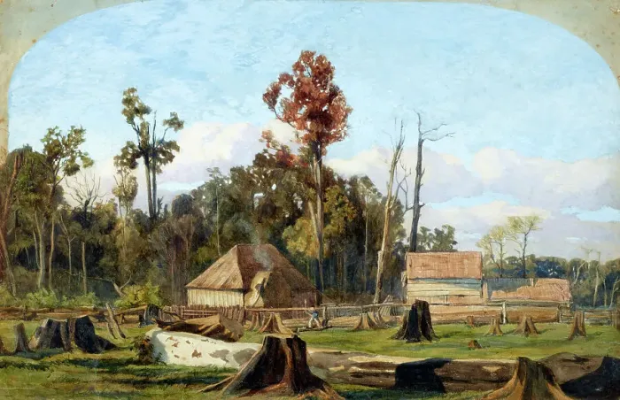 Framed Print : Settler's home, Merton, near New Plymouth, 1851. Creator: James Crowe Richmond Framed Print : Settler's home, Merton, near New Plymouth, 1851. Creator: James Crowe Richmond