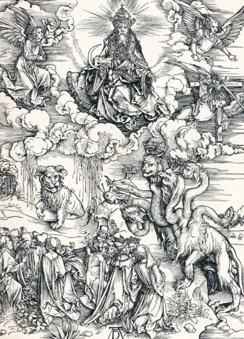 Framed Print : The Seven-Headed Beast and the Beast with Lamb`s Horns, 1498 (1906). Artist: Albrecht Durer Framed Print : The Seven-Headed Beast and the Beast with Lamb`s Horns, 1498 (1906). Artist: Albrecht Durer