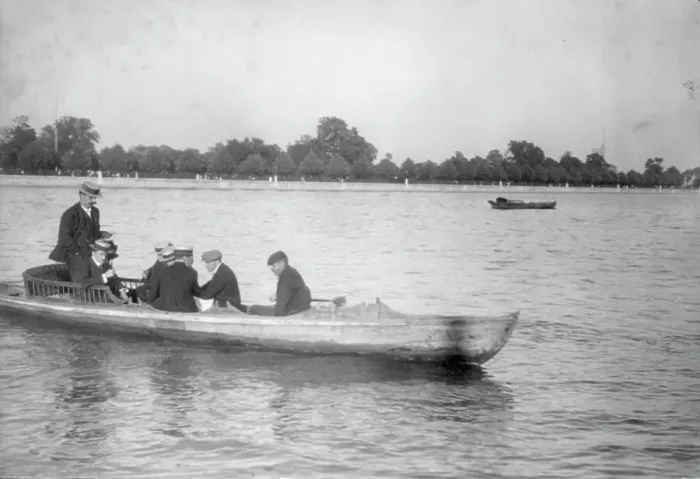 Framed Print : Seven men in a boat, Cambridge, Massachusetts, 1906. Creator: Unknown