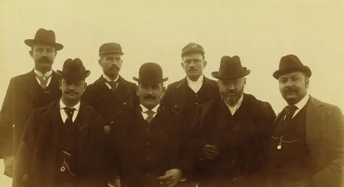 Framed Print : Seven men, half-length portrait, facing front, 1894 or 1895. Creator: Alfred Lee Broadbent Framed Print : Seven men, half-length portrait, facing front, 1894 or 1895. Creator: Alfred Lee Broadbent