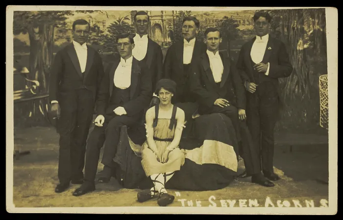 Framed Print : Seven men on stage set of 'The seven acorns', [between 1918 and 1920?]. Creator: Unknown