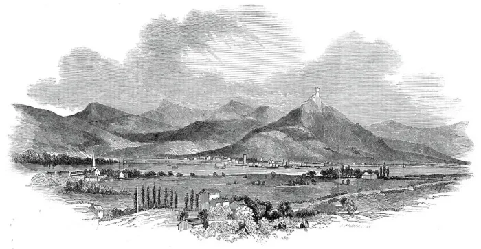 Framed Print : The Seven Mountains and Drachenfels, from Godenberg, 1845. Creator: Ebenezer Landells Framed Print : The Seven Mountains and Drachenfels, from Godenberg, 1845. Creator: Ebenezer Landells