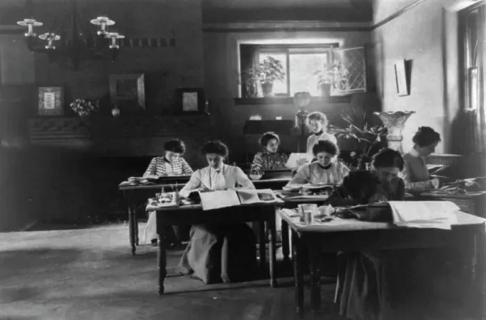Framed Print : Seven women working in Roycroft shop, E. Aurora, N.Y. 1900. Creator: Frances Benjamin Johnston Framed Print : Seven women working in Roycroft shop, E. Aurora, N.Y. 1900. Creator: Frances Benjamin Johnston