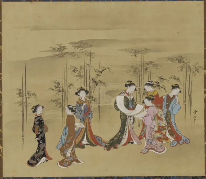 Framed Print : Seven young women in a bamboo grove, 18th century. Creator: Kawamata Tsunemasa Framed Print : Seven young women in a bamboo grove, 18th century. Creator: Kawamata Tsunemasa