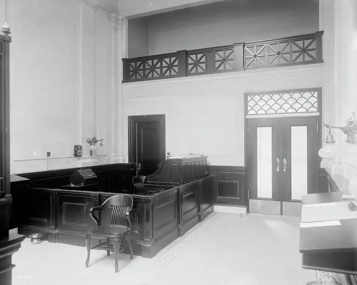 Framed Print : Seventy-second Street branch, 19th Ward Bank, interior, low desk, N.Y. between 1900 and 1915. Creator: Unknown Framed Print : Seventy-second Street branch, 19th Ward Bank, interior, low desk, N.Y. between 1900 and 1915. Creator: Unknown