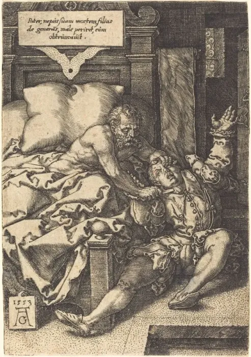 Framed Print : The Severe Father, 1553. Creator: Heinrich Aldegrever Framed Print : The Severe Father, 1553. Creator: Heinrich Aldegrever