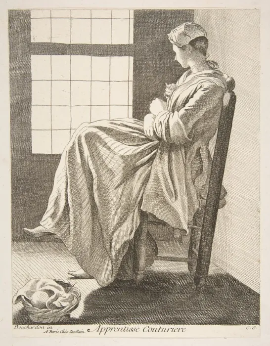 Framed Print : Sewing Apprentice, 1737. Creator: Caylus, Anne-Claude-Philippe de Framed Print : Sewing Apprentice, 1737. Creator: Caylus, Anne-Claude-Philippe de