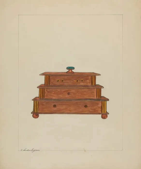 Framed Print : Sewing Box, c. 1937. Creator: Columbus Simpson Framed Print : Sewing Box, c. 1937. Creator: Columbus Simpson