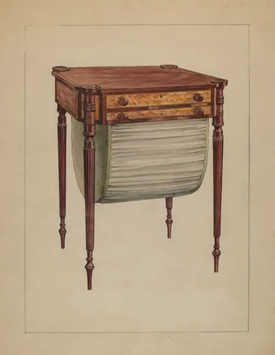 Framed Print : Sewing Table, c. 1936. Creator: Elizabeth Curtis Framed Print : Sewing Table, c. 1936. Creator: Elizabeth Curtis