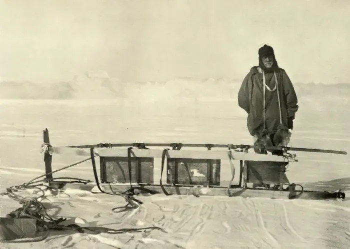 Framed Print : Shackleton standing by the Broken Southern Sledge, c1908, (1909) Framed Print : Shackleton standing by the Broken Southern Sledge, c1908, (1909)