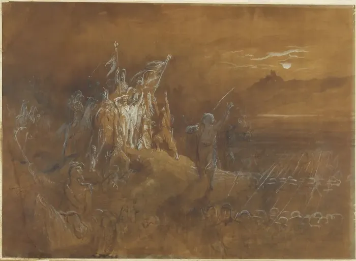 Framed Print : The Shades of French Soldiers from the Past Exhort the Army to Victory on the Rhine, c. 1870. Creator: Gustave Doré Framed Print : The Shades of French Soldiers from the Past Exhort the Army to Victory on the Rhine, c. 1870. Creator: Gustave Doré