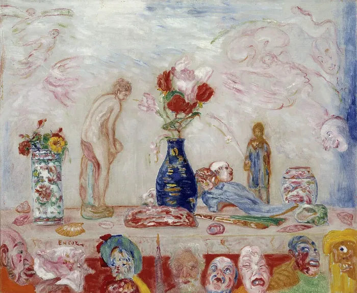 Framed Print : Under the Shadow of Masks, 1925. Creator: James Ensor Framed Print : Under the Shadow of Masks, 1925. Creator: James Ensor
