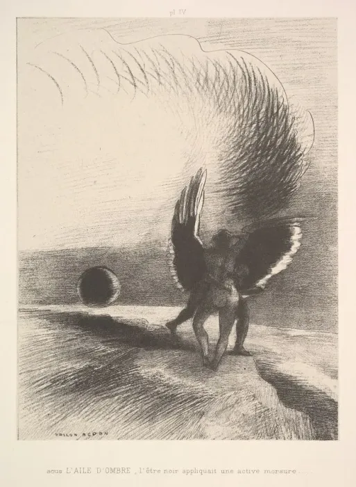 Framed Print : In the shadow of the wing, the black creature bit, 1891. Creator: Odilon Redon Framed Print : In the shadow of the wing, the black creature bit, 1891. Creator: Odilon Redon