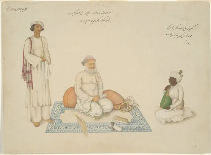 Framed Print : Shah Inayat Allah of Sind with his Musician Makkhu and his Attendant Shaykh Qiyam... c Framed Print : Shah Inayat Allah of Sind with his Musician Makkhu and his Attendant Shaykh Qiyam... c