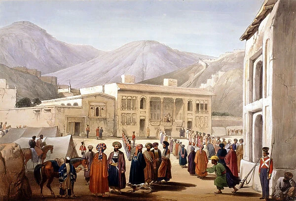 Shah Shoja, puppet of the British, holding a durbar at Kabul, First Anglo-Afghan War, 1838-1842. Artist: James Atkinson